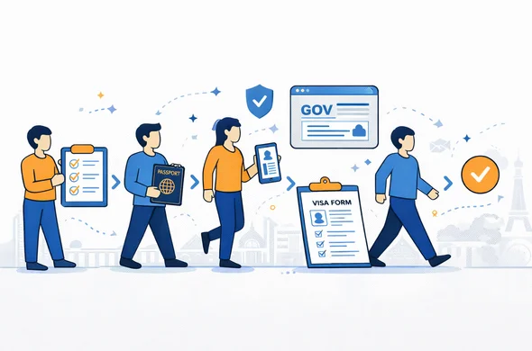 Flat or semi-flat vector illustration, clean lines, modern tech feel, 2D infographic style, deep blue and turquoise primary palette with warm orange accent, abstract faceless characters moving through a clear visa workflow with checklist, passport, secure document upload, government website window and approval path icons, calm organized efficient atmosphere, minimalist white and light grey background with faint abstract travel skyline, no photorealism, no detailed facial features