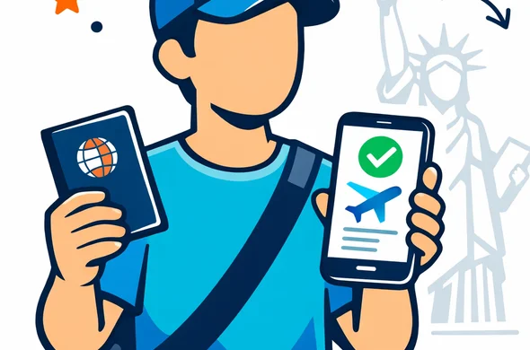 Flat semi flat vector illustration, clean lines, modern tech feel, 2D style, deep blue and turquoise primary palette with subtle red accent inspired by United States travel, abstract faceless traveler holding a passport and a smartphone with a digital travel authorization screen, minimalist white and light grey background, faint Statue of Liberty silhouette, calm organized safe atmosphere, no photorealism