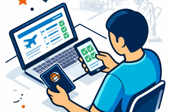 Flat semi flat vector illustration, isometric modern tech feel, deep blue and turquoise primary palette with subtle red accent inspired by United States travel, abstract faceless character reviewing a passport, flight details, and a checklist on a laptop and phone, minimalist white and grey background with faint airport terminal and Statue of Liberty outline, organized efficient safe atmosphere, no photorealism