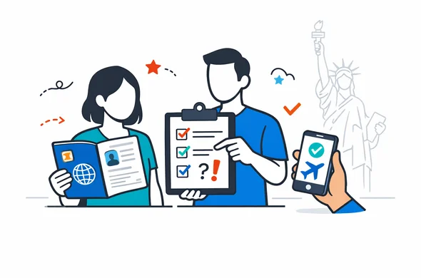 Flat vector illustration, modern travel-tech style, deep blue and turquoise primary palette with subtle USA-inspired red accents, faceless neutral characters reviewing a biometric passport, travel checklist and phone screen showing ESTA eligibility, clean lines, semi-flat 2D with slight isometric perspective, calm organized efficient atmosphere, minimalist white and light grey background, faint Statue of Liberty outline, no text, no photorealism
