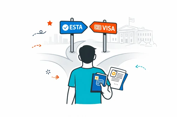 Semi-flat vector illustration, modern travel-tech scene, deep blue and turquoise primary palette with subtle USA-inspired red accent, faceless traveler standing at a forked path sign choosing between ESTA travel authorization and regular visa route, holding passport and documents, clean lines, calm efficient safe mood, minimalist white and grey background with faint U.S. consulate building silhouette and subtle skyline, no text, no photorealism