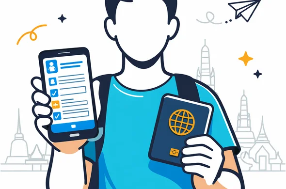Flat vector illustration, modern tech feel, clean lines, semi-flat 2D style, deep blue and turquoise primary palette with warm Thai gold accent, faceless traveler holding a smartphone that shows a digital arrival card form and a passport in the other hand, calm organized safe atmosphere, minimalist white and light gray background, faint outline of Bangkok temple skyline, efficient travel preparation mood, no photorealism