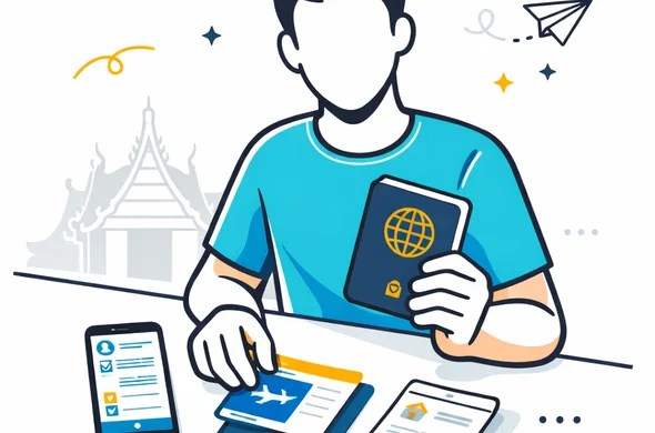 Flat vector illustration, clean lines, modern travel-tech style, semi-flat 2D, deep blue and turquoise brand colors with warm orange-gold Thai accent, faceless abstract traveler organizing passport, airline ticket, hotel booking and phone on a desk before filling a digital arrival form, calm efficient atmosphere, minimalist white and light gray background, faint outline of Thai temple roof silhouette, no photorealism