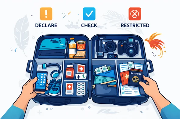 Flat or semi-flat vector illustration, clean modern travel-tech look, deep blue and turquoise primary palette with Papua New Guinea inspired accent colors red, black, and gold. Open suitcase neatly divided into categories: personal items, food items, medicines, camera gear, cash wallet, and documents. Use simple icon labels for declare, check, and restricted. Faceless abstract traveler hands organizing items calmly. Minimal white/grey background with faint outline of a bird-of-paradise feather and tropical leaves. Non-photorealistic, organized, safe, efficient mood.