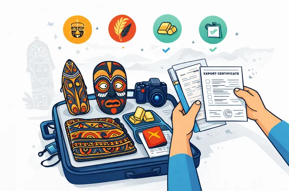 Flat semi-flat vector illustration with clean lines and modern travel document style. Primary deep blue and turquoise, accent colors inspired by Papua New Guinea traditional art: red, black, ochre, warm yellow. A faceless traveler at departure customs reviewing handicrafts, a wooden mask, receipts, camera, and export certificate documents. Include subtle icons for cultural heritage, restricted wildlife products, gold, and safe approved souvenirs. Minimal white and grey background with a faint silhouette of a traditional Papua New Guinea carving and mountain horizon. Non-photorealistic, calm, organized, secure atmosphere.