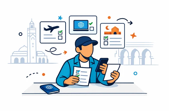 Flat or semi-flat vector illustration, clean modern tech style, 2D with slight isometric depth, deep blue and turquoise primary palette with warm Moroccan red and terracotta accents, faceless traveler reviewing entry options for Morocco on a phone and printed documents, passport on desk, organized checklist cards, calm efficient safe atmosphere, minimalist white and light grey background, faint outline of Hassan II Mosque and Marrakech arches, no photorealism, no text, clean lines, modern SaaS landing page illustration