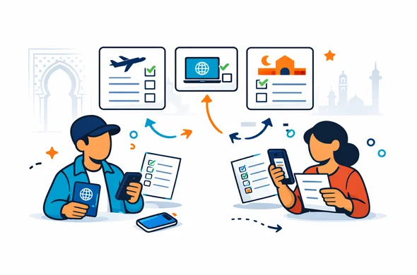 Flat vector illustration, modern tech style, deep blue and turquoise with Moroccan red and gold accents, faceless abstract people comparing two or three visa or entry paths on floating cards, passport, phone, checklist and route arrows, calm organized safe atmosphere, minimalist white and light grey background, faint silhouette of Moroccan doorway geometry and city skyline, isometric infographic feel, clean lines, no text, no photorealism