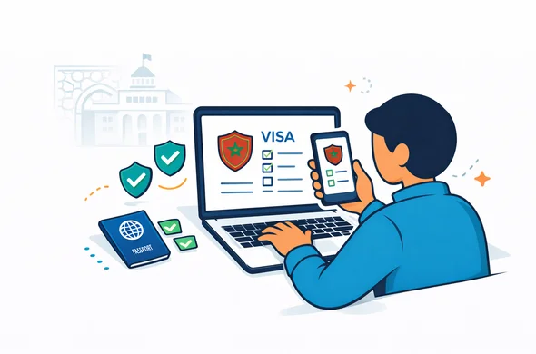 Clean flat vector illustration, deep blue and turquoise palette with Moroccan red accent, faceless traveler reviewing official Morocco visa information on laptop and mobile, passport and secure checkmarks on desk, calm organized trustworthy atmosphere, minimalist white and grey background, faint outline of Moroccan government building and geometric tile motif, modern tech feel, isometric 2D, no photorealism, no text