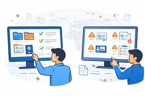 Flat or semi-flat vector illustration, clean lines, modern tech feel, 2D infographic style, deep blue and turquoise brand colors with subtle global travel עמוד מרכזי accents in orange, abstract faceless specialists reviewing visa forms, passport scans, travel dates and checklist items on large screens, one side shows organized folders and approval marks, the other side shows warning icons for missing details, calm efficient safe atmosphere, minimalist white and light grey background with faint globe grid and document icons, non-photorealistic clean vector composition