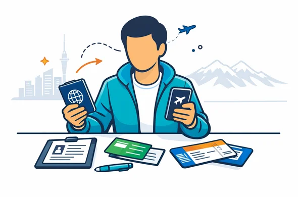 Flat or semi-flat vector illustration, clean modern tech style, 2D with slight isometric depth, deep blue and turquoise primary palette with emerald green accents inspired by New Zealand, faceless neutral traveler comparing passport, phone, boarding pass and travel documents on a desk, calm organized and safe atmosphere, minimalist white and light grey background, faint silhouette of Auckland skyline and Southern Alps, clean lines, modern SaaS illustration, not photorealistic