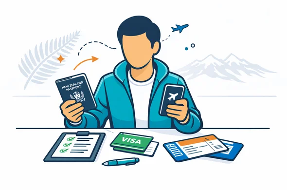 Flat or semi-flat vector illustration, clean modern tech style, 2D with slight isometric depth, deep blue and turquoise primary palette with fresh green accents inspired by New Zealand nature, faceless neutral traveler organizing passport, phone, boarding pass, checklist, and supporting documents for New Zealand entry, calm efficient safe atmosphere, minimalist white and light grey background, faint outline of fern leaf and mountain landscape, clean lines, not photorealistic