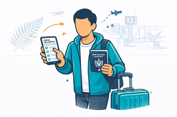 Flat or semi-flat vector illustration, clean modern tech style, 2D with slight isometric depth, deep blue and turquoise primary palette with emerald and teal accents inspired by New Zealand, faceless neutral traveler at an airport filling a digital arrival declaration on a phone while holding passport and carry-on bag, calm organized secure atmosphere, minimalist white and light grey background, faint outline of airport terminal and New Zealand fern motif, clean lines, not photorealistic