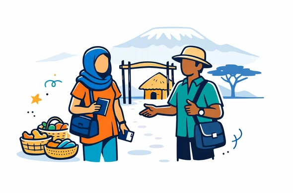 Flat or semi flat vector illustration, clean modern tech style, 2D with slight isometric depth, deep blue and turquoise primary palette with warm ochre and savannah gold accents inspired by Tanzania, faceless traveler in modest clothing arriving at a village entrance with a local guide, scarf, small bag, passport and phone visible, simple market baskets nearby, calm organized safe atmosphere, minimalist white and light grey background, faint silhouette of Mount Kilimanjaro and an acacia tree, not photorealistic, clean lines, no text Flat or semi flat vector illustration, clean modern tech style, 2D with slight isometric depth, deep blue and turquoise primary palette with warm ochre and savannah gold accents inspired by Tanzania, faceless traveler in modest clothing arriving at a village entrance with a local guide, scarf, small bag, passport and phone visible, simple market baskets nearby, calm organized safe atmosphere, minimalist white and light grey background, faint silhouette of Mount Kilimanjaro and an acacia tree, not photorealistic, clean lines, no text