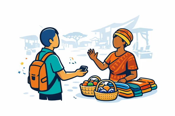 Flat or semi flat vector illustration, clean modern tech style, 2D with slight isometric depth, deep blue and turquoise primary palette with warm terracotta and market spice accents inspired by Tanzania, faceless traveler politely asking permission to photograph a market seller, phone held low, open hand gesture, colorful baskets and fabrics, calm respectful atmosphere, minimalist white and light grey background, faint outline of a Tanzanian market street and acacia silhouette, not photorealistic, clean lines, no text Flat or semi flat vector illustration, clean modern tech style, 2D with slight isometric depth, deep blue and turquoise primary palette with warm terracotta and market spice accents inspired by Tanzania, faceless traveler politely asking permission to photograph a market seller, phone held low, open hand gesture, colorful baskets and fabrics, calm respectful atmosphere, minimalist white and light grey background, faint outline of a Tanzanian market street and acacia silhouette, not photorealistic, clean lines, no text