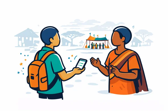 Flat or semi flat vector illustration, clean modern tech style, 2D with slight isometric depth, deep blue and turquoise primary palette with warm sunset orange and earthy brown accents inspired by Tanzania, faceless traveler coordinating a respectful community visit with a local guide, simple checklist on phone, small cultural event area in background, modest clothing, calm organized safe atmosphere, minimalist white and light grey background, faint silhouette of village huts and a Tanzanian skyline detail, not photorealistic, clean lines, no text Flat or semi flat vector illustration, clean modern tech style, 2D with slight isometric depth, deep blue and turquoise primary palette with warm sunset orange and earthy brown accents inspired by Tanzania, faceless traveler coordinating a respectful community visit with a local guide, simple checklist on phone, small cultural event area in background, modest clothing, calm organized safe atmosphere, minimalist white and light grey background, faint silhouette of village huts and a Tanzanian skyline detail, not photorealistic, clean lines, no text