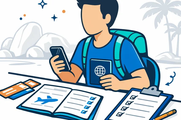Flat or semi-flat vector illustration, clean lines, modern tech feel, 2D with slight isometric depth, Aid-Air deep blue and turquoise palette with Seychelles-inspired coral and warm sand accents, faceless neutral traveler sitting at a desk with passport, phone, travel documents and a simple checklist, calm organized atmosphere, minimalist white and light grey background, faint silhouette of Seychelles granite beach rocks and palm trees, no photorealism, no text, clean SaaS landing page illustration