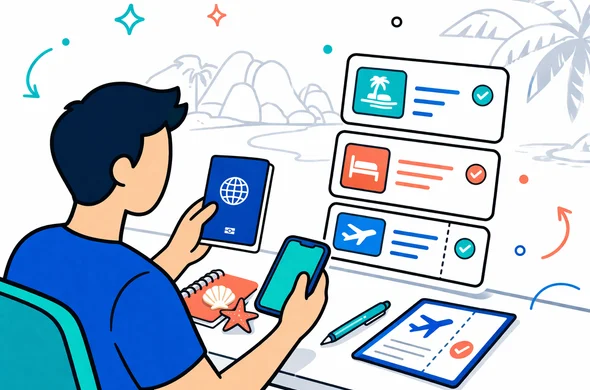 Flat or semi-flat vector illustration, clean lines, modern tech interface style, slight isometric perspective, deep blue and turquoise with Seychelles-inspired coral, aqua and sandy beige accents, faceless traveler comparing passport, booking confirmation, return ticket and phone on a clean desk, organized documents floating as simple UI cards, calm safe atmosphere, minimalist white and light grey background, faint outline of Seychelles island shoreline and palm leaves, not photorealistic, no text, modern SaaS illustration