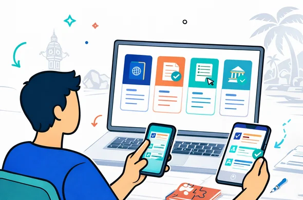 Flat or semi-flat vector illustration, modern tech travel planning scene, clean lines, 2D with subtle isometric layout, Aid-Air deep blue and turquoise with Seychelles-inspired coral and tropical aqua accents, faceless traveler choosing between organized route cards on a laptop and phone, icons for passport, permit, online form and official website, calm efficient safe mood, minimalist white and grey background, faint silhouette of Victoria clock tower and tropical coastline of Seychelles, no photorealism, no text, clean modern SaaS landing page style