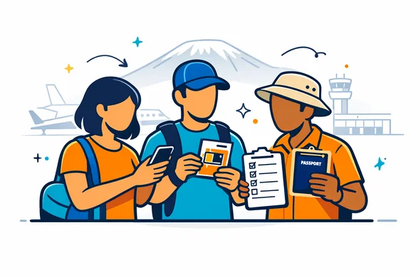 Flat or semi flat vector illustration, clean modern tech style, 2D with slight isometric depth, deep blue and turquoise primary palette with warm gold and earthy savannah accents inspired by Tanzania, faceless travelers at an airport arrival area comparing a phone, local SIM card pack, passport and travel checklist, calm organized efficient atmosphere, minimalist white and light grey background, faint outline of Mount Kilimanjaro and an airport terminal, clean lines, no photorealism, no text, no watermark
