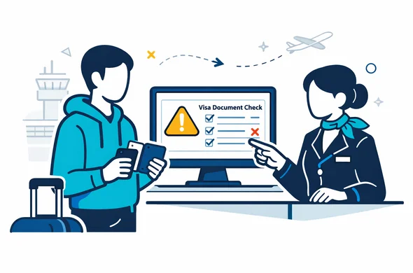 Flat or semi-flat vector illustration, clean lines, modern tech and aviation theme, 2D with slight isometric perspective. Airport check-in counter scene: faceless traveler holding a passport and smartphone, calm airline agent pointing to a monitor. On the screen, a simple UI card with a red warning icon and a checklist labeled visa document check. Primary colors deep blue and turquoise, amber yellow accent for the warning. Minimal white and light grey background, faint silhouette outline of an airport control tower and terminal building, subtle airplane icon. Calm, organized, efficient, safe atmosphere. No photorealism, no facial features, no text logos.