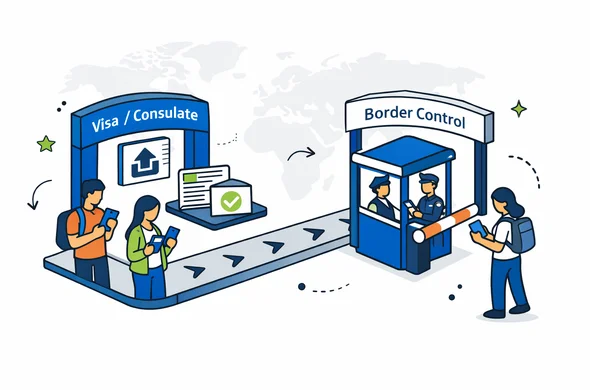 Flat or semi-flat vector illustration, modern tech feel, isometric layout. A two-gate pipeline: first gate labeled "Visa / Consulate" with a document upload icon, second gate labeled "Border Control" with a checkpoint booth icon. Abstract faceless characters with passports and phones. Primary palette deep blue and turquoise, accent lime green for the "hub" category. Minimal white/grey background with a faint world map silhouette outline. Calm, organized, efficient atmosphere, clean lines, no photorealism.