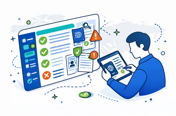 Isometric semi-flat vector illustration with clean lines. A modern tech dashboard showing checkmarks, document validation, and consistency alerts; beside it an abstract faceless expert reviewing a passport and documents on a tablet. Deep blue and turquoise primary palette, lime green accent for hub, minimal white/grey background with faint world map silhouette. Calm, organized, safe atmosphere, no photorealism, no detailed faces.