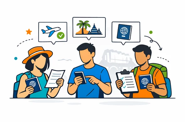 Flat semi-flat vector illustration, modern travel-tech style, deep blue and turquoise palette with Sri Lanka-inspired accent colors in warm orange and tropical green, abstract faceless travelers holding passports, phone and travel documents, reviewing entry options for Sri Lanka, clean 2D composition, calm organized atmosphere, minimalist white and light grey background, faint silhouette of Sigiriya Rock Fortress in the background, no photorealism, smooth lines, efficient and safe feeling