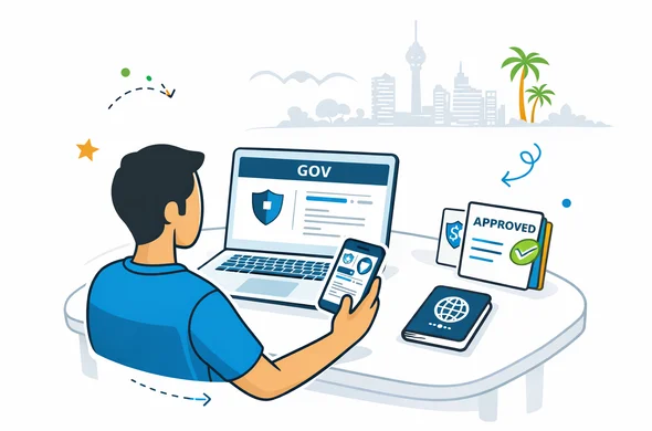 Clean flat vector illustration, modern visa-tech interface, deep blue and turquoise palette with Sri Lanka accent colors, abstract faceless person checking an official government website on laptop and phone, passport and approval notice on desk, minimalist white grey background, faint skyline silhouette of Colombo and tropical elements, calm secure organized feeling, 2D semi-flat style, not photorealistic
