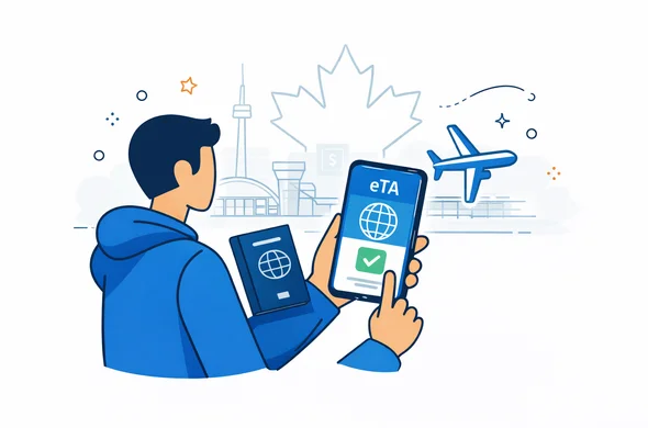Modern flat vector illustration in deep blue and turquoise with Canada red accents, abstract faceless traveller viewing an approved digital eTA style travel authorization on a smartphone next to a passport and airplane icon, minimal white and gray background, subtle outline of a Canadian airport terminal and maple leaf, calm efficient secure mood, clean lines, light isometric perspective, tech service aesthetic, not photorealistic
