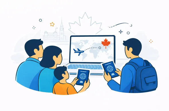 Semi flat vector illustration with deep blue and turquoise colors plus Canada red accents, abstract faceless family and solo travellers reviewing passports, travel documents and a route map to Canada on a laptop screen, minimalist white and soft gray background with faint outline of Parliament Hill and a maple leaf, calm organized trustworthy mood, modern travel tech service style, clean lines, balanced 2D composition with slight isometric depth, not photorealistic