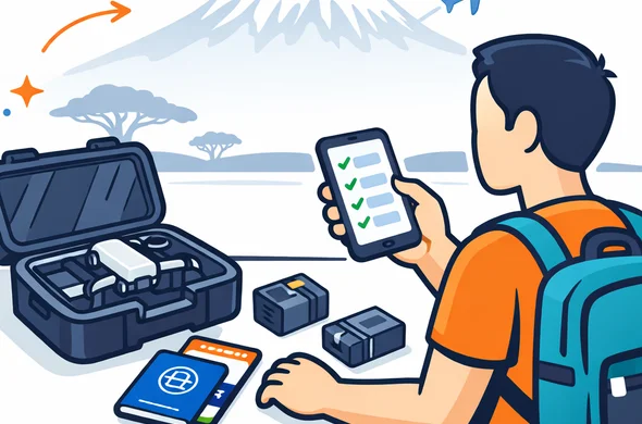 Flat or semi-flat vector illustration, modern tech travel style, clean lines, deep blue and turquoise primary colors with warm Tanzania-inspired savanna orange and green accents. A faceless traveler checks drone permits on a smartphone next to a compact drone case, passport, boarding pass, and camera batteries on a tidy desk. Minimal white and light grey background, calm organized atmosphere, subtle silhouette of Mount Kilimanjaro in the background, 2D/isometric hybrid, non-photorealistic, safe and efficient travel planning mood.