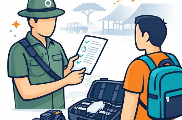 Flat or semi-flat vector illustration, clean modern travel-tech style, deep blue and turquoise with Tanzania savanna orange and green accents. A faceless park ranger reviews a permit document while a traveler stands beside a packed drone and camera bag near a safari lodge. Minimalist white and light grey background with subtle acacia tree and safari jeep silhouette, calm regulated atmosphere, 2D/isometric, non-photorealistic.