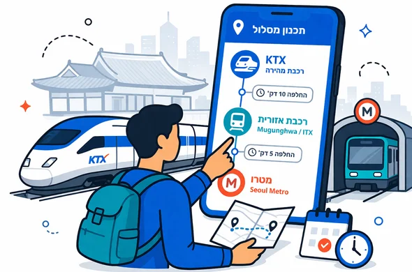 Flat or semi-flat vector illustration of a South Korea train route planning dashboard, faceless abstract traveler building a route with high-speed train, regional rail and metro transfer nodes on a large phone screen, deep blue and turquoise brand palette with subtle Korean red accent, clean lines, modern tech interface, 2D with slight isometric depth, minimalist white and gray background, faint silhouette of a Korean station roofline and city skyline, calm efficient atmosphere, no distinct facial features, not photorealistic