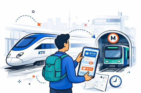 Flat or semi-flat vector illustration, faceless abstract traveler transferring smoothly from a high-speed train to a metro line inside a modern Korean station, smartphone showing reservation and metro card, deep blue and turquoise primary palette with subtle South Korea red accent, clean lines, semi-isometric composition, minimalist white and gray background, faint silhouette of station signage and city landmark outline, calm safe organized efficient atmosphere, no distinct facial features, not photorealistic