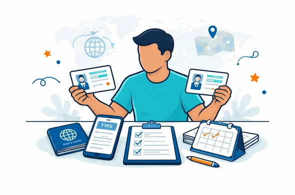 Flat or semi-flat vector illustration, modern tech feel, clean lines, 2D layout. Deep blue and turquoise primary colors with soft accent highlights for a generic visa guidance page. Abstract faceless traveler comparing different travel authorization cards, passport, phone screen and supporting documents on a tidy interface. Calm and trustworthy atmosphere, minimal white and grey background with subtle globe and route icons, no text, not photorealistic.