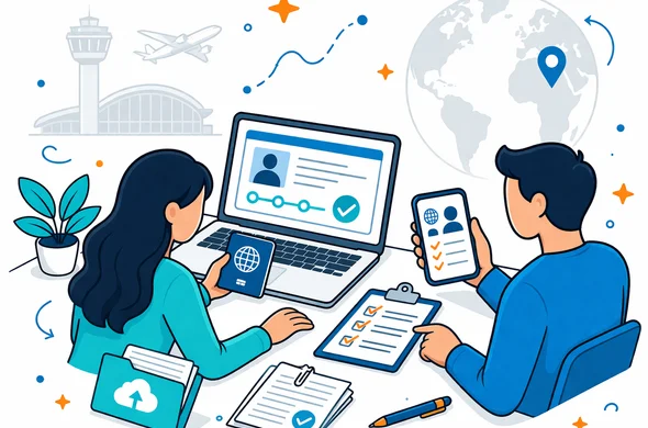 Flat or semi-flat vector illustration, clean modern vector lines, 2D isometric style. Deep blue and turquoise color palette with calm accent tones for a global visa support page. Abstract faceless characters reviewing a visa application on laptop and phone, checking passport details, calendar, uploaded files and approval checklist. Safe, efficient and organized mood. Minimal white and grey background with faint airport and globe outline, no text, not photorealistic.