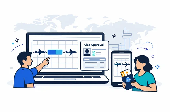 Flat or semi-flat vector illustration, clean lines, modern tech feel, slight isometric 2D. Scene: a digital visa operations dashboard on a laptop and phone, showing a calendar with a highlighted validity window, flight icons moved forward and backward on a timeline, and a visa approval card with generic UI blocks. Abstract faceless characters with neutral skin tones; one points at the validity window, another holds a passport and boarding pass. Primary palette deep blue and turquoise (Aid-Air brand). Accent color cool purple to represent a global hub. Atmosphere calm, organized, efficient, safe. Minimalist white and light grey background with a faint world map silhouette and a subtle airport terminal outline. No photorealism, no detailed faces, no readable text, crisp vector shadows, smooth gradients kept minimal.