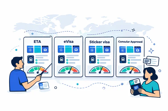 Flat vector infographic style, clean lines, isometric 2D. A comparison panel with four cards representing ETA, eVisa, sticker visa, and consular approval; each card contains small icon sets: calendar window, passport, entry gate, checklist, and a simple risk meter. Abstract faceless characters compare the cards using a pointer and floating UI chips. Primary colors deep blue and turquoise (Aid-Air brand) with cool purple accent for global hub. Minimalist white and light grey background with a faint world map silhouette and a dotted travel route line. Calm organized atmosphere, tech-forward, no photorealism, no readable text.