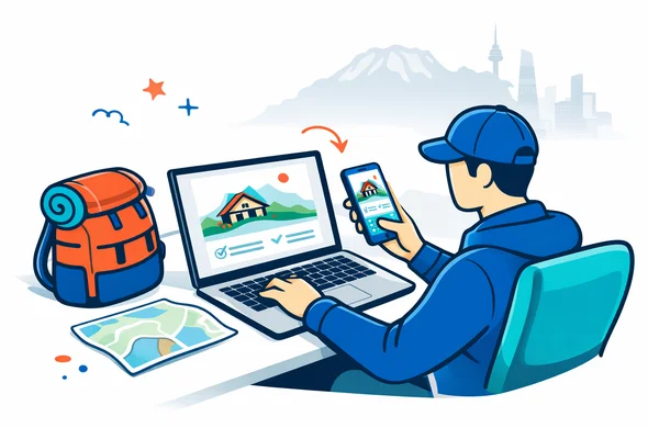 Flat vector illustration, modern clean lines, semi-flat isometric composition, Aid-Air deep blue and turquoise palette with warm red-orange Korean accent colors, faceless traveler booking a mountain shelter on a laptop and smartphone, Korean mountain hut icon, backpack and map on desk, minimalist white and pale grey background, faint silhouette of Hallasan and Seoul skyline elements, calm efficient safe atmosphere, not photorealistic, no text on image