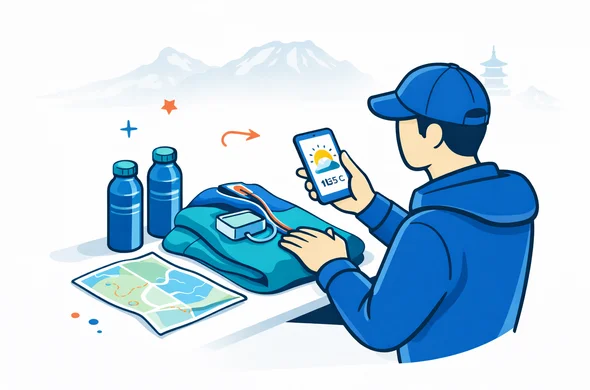 Flat vector illustration, clean modern tech style, 2D isometric look, deep blue and turquoise with subtle red and pink accents inspired by South Korea, faceless traveler organizing water bottles, jacket, power bank and offline map while checking weather on a phone before a mountain hike, minimalist white grey background with faint silhouette of Korean mountains and a pagoda outline, calm safe organized atmosphere, not photorealistic, no text on image
