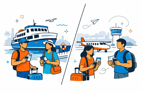 Flat semi-flat vector illustration, modern travel-tech style, clean lines, 2D with slight isometric perspective. Show a split scene comparing a ferry terminal and a small domestic airport in Zanzibar/Tanzania. Abstract faceless travelers with neutral skin tones hold passports, phones, boarding confirmations and small luggage. Calm organized atmosphere, deep blue and turquoise as primary brand colors, warm coral-gold accent inspired by Tanzania and Zanzibar sunsets. Minimal white and light grey background with a faint silhouette of Zanzibar coastline and Stone Town architecture. Not photorealistic, efficient safe travel feeling.
