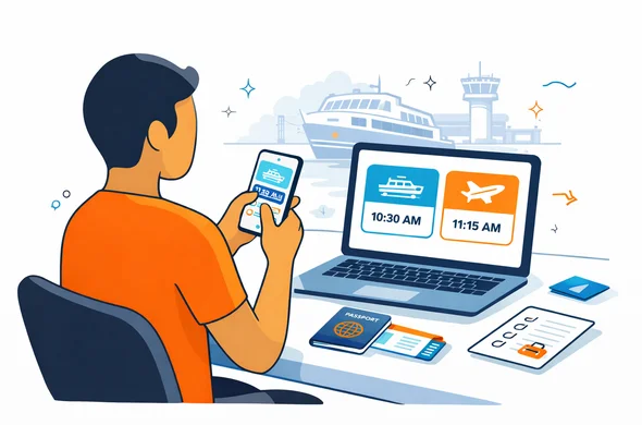 Flat vector illustration, modern travel service interface, clean lines and calm composition. Abstract faceless traveler seated at a desk checks ferry and domestic flight booking details on a smartphone and laptop, with passport, tickets and luggage checklist visible. Deep blue and turquoise brand palette with warm coral-orange Tanzania accent. Minimal white and grey background, subtle outline of an airport terminal and ferry pier, safe organized atmosphere, semi-flat tech illustration, not photorealistic.