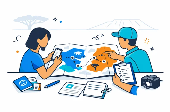 Flat or semi-flat vector illustration, modern clean travel-tech style, abstract faceless travelers planning a Tanzania safari route on a map connecting Serengeti and Ngorongoro, passport, phone, checklist, travel documents on desk, deep blue and turquoise primary palette with warm savanna orange accent, clean lines, 2D or light isometric perspective, minimalist white and soft gray background, faint outline of acacia tree and crater rim, calm organized safe atmosphere, non-photorealistic