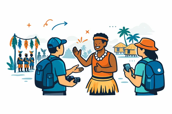 Flat or semi-flat vector illustration, clean lines, modern tech travel style, 2D or light isometric. Abstract faceless traveler politely asking permission before taking a photo at a cultural ceremony in Papua New Guinea, local host gesturing approval while another traveler keeps phone lowered, subtle ceremonial decorations and village gathering in the background, deep blue and turquoise primary palette with rich coral, ochre and tropical green accents, minimalist white and soft gray background, calm respectful organized atmosphere, no photorealism, no text, no watermark
