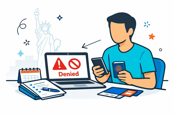 Flat or semi-flat vector illustration, clean lines, modern tech feel, 2D or light isometric. A faceless neutral traveler sitting calmly with passport, smartphone and laptop showing a denied ESTA status screen, organized documents on the desk, subtle U.S. travel context with faint Statue of Liberty outline in the background. Deep blue and turquoise brand palette with subtle red accent for the USA. Minimalist white and light grey background, calm, safe, efficient atmosphere, not photorealistic.