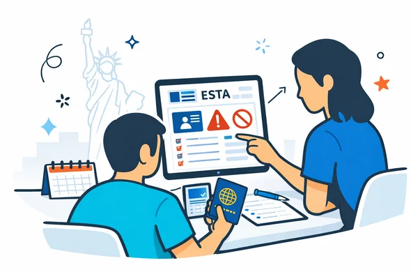 Flat or semi-flat vector illustration, modern clean vector style with faceless abstract characters reviewing a digital ESTA form, warning icons, passport details, and a travel checklist. Calm organized desk scene, deep blue and turquoise palette with subtle U.S. red accent, faint outline of the Statue of Liberty or U.S. skyline in background, minimalist white and grey environment, safe efficient feeling, not photorealistic.