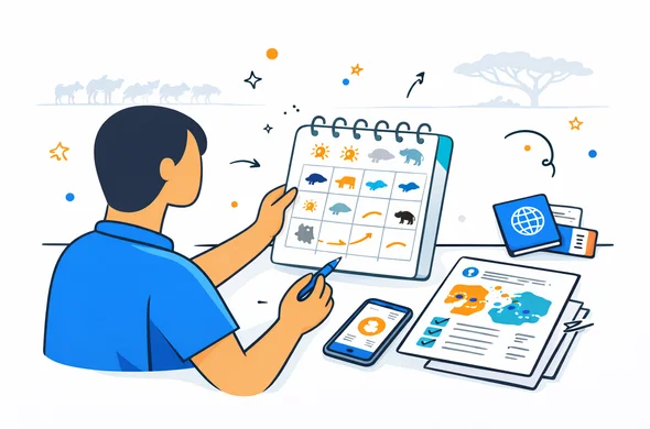 Flat or semi-flat vector illustration of Tanzania safari seasonal planning, abstract faceless traveler comparing a calendar with wildlife icons, route notes, weather symbols, migration arrows, smartphone and passport on the side, deep blue and turquoise brand palette with warm gold and sunset orange Tanzania accent, clean lines, modern tech feel, 2D or light isometric style, minimalist white and pale gray background, faint silhouette of wildebeest herd and acacia tree, calm organized safe atmosphere, non-photorealistic