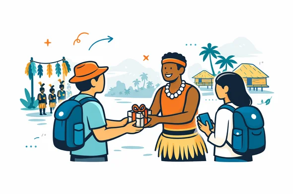 Flat or semi-flat vector illustration, clean lines, modern travel-tech vector style, 2D or light isometric. Abstract faceless travelers dressed modestly and neatly, offering a respectful small gift through a local guide before a community gathering in Papua New Guinea, documents and phone tucked away, subtle traditional patterns and tropical village outline in background, deep blue and turquoise primary palette with accents of coral, ochre and rainforest green, minimalist white and soft gray background, calm safe efficient atmosphere, no photorealism, no text, no watermark