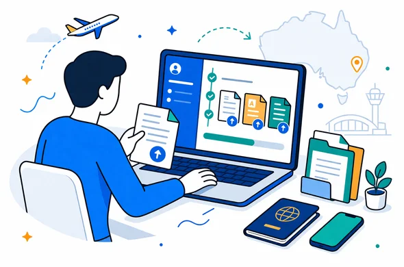 Flat or semi flat vector illustration, clean lines, modern tech feel, isometric 2D scene of an abstract faceless traveler submitting an Australia Visitor 600 application online in ImmiAccount, uploading translated documents with checklist progress on screen, passport and smartphone nearby, deep blue and turquoise primary palette with eucalyptus green and warm gold accents, calm organized efficient safe atmosphere, minimalist white and light grey background with a faint outline of an Australian map and airport icons, no text, no logos, not photorealistic