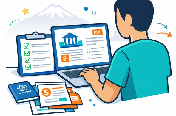 Flat or semi-flat vector illustration, modern vector tech style, clean lines, deep blue and turquoise with apricot accents inspired by Armenia, faceless abstract character reviewing a bank statement PDF on a laptop next to passport and checklist, financial document icons, minimal white and grey background, faint outline of Armenian mountain landscape, calm organized secure atmosphere, 2D not photorealistic